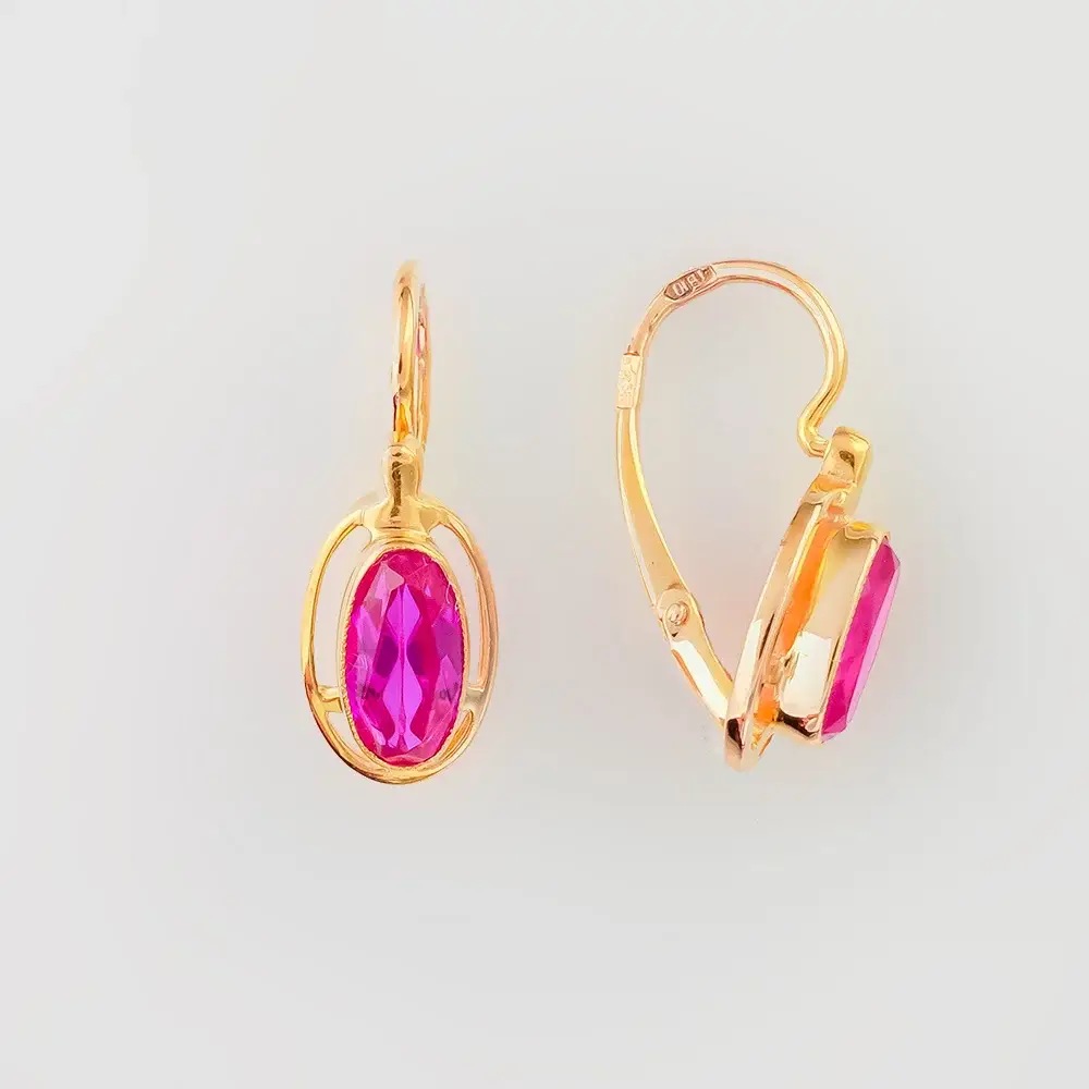 Серьги с корундом синтетическим из красного золота 585 пробы