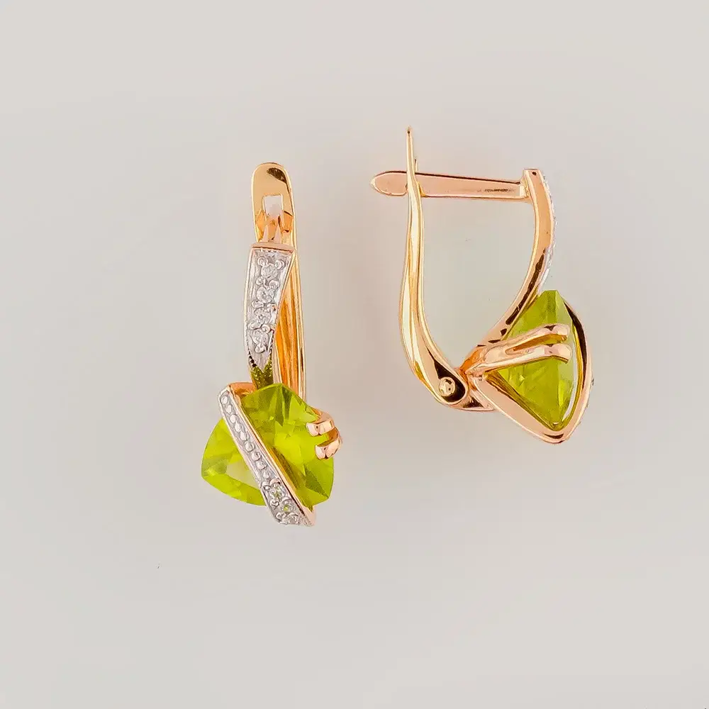 Серьги с хризолитом из красного золота 585 пробы