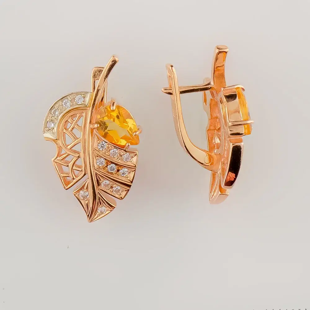 Серьги с цитрином из красного золота 585 пробы