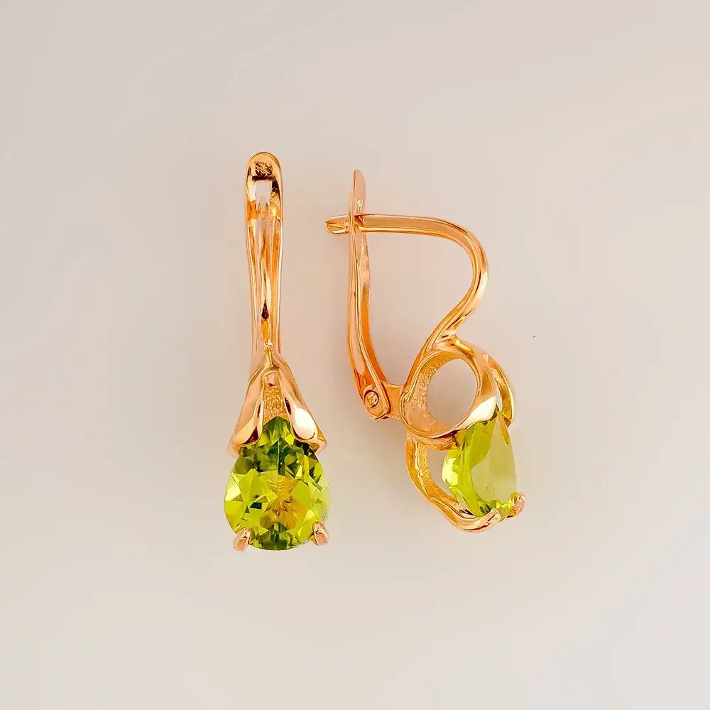 Серьги с хризолитом из красного золота 585 пробы
