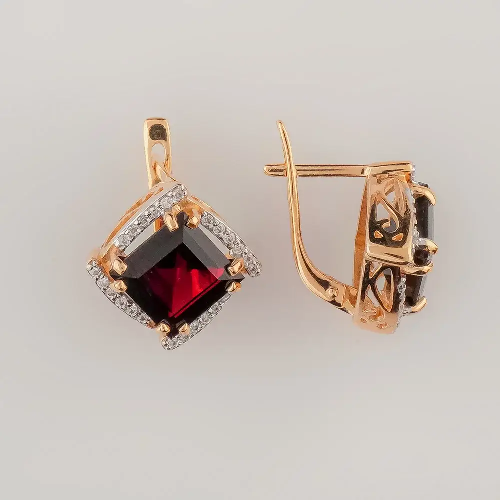 Серьги с гранатом из красного золота 585 пробы