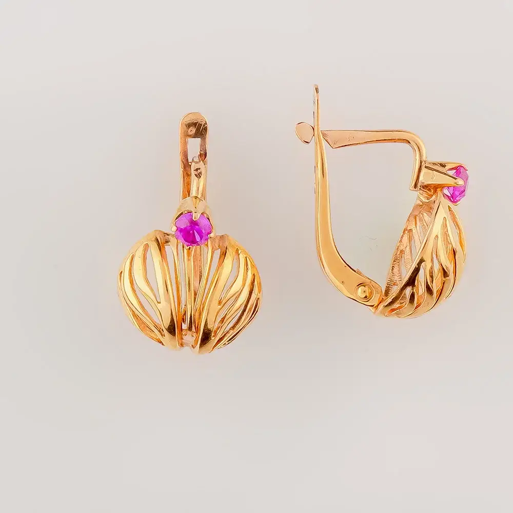 Серьги с корундом синтетическим из красного золота 585 пробы