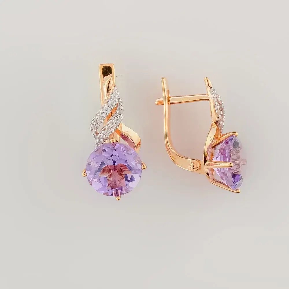 Серьги с аметистом из красного золота 585 пробы