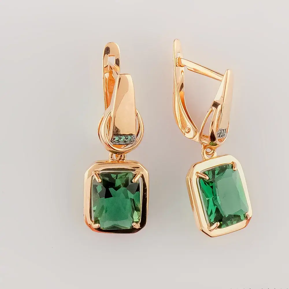 Серьги с корундом синтетическим из красного золота 585 пробы