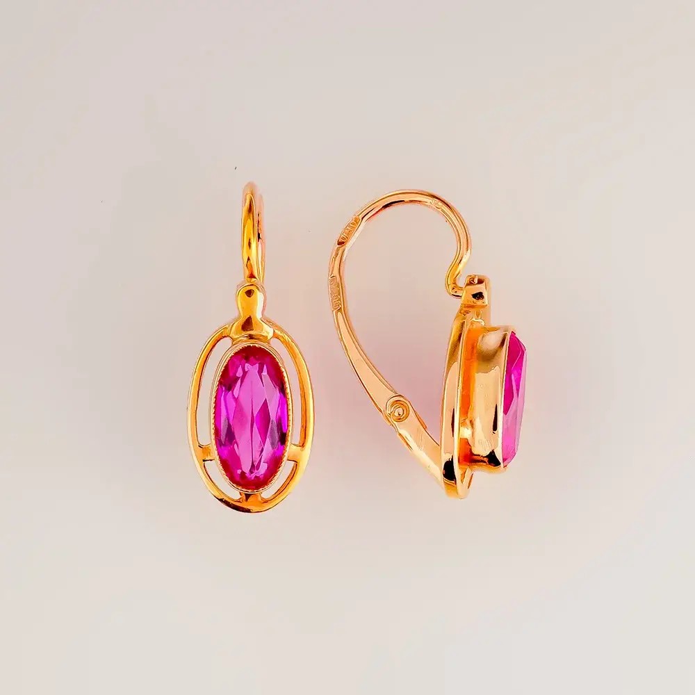 Серьги с корундом синтетическим из красного золота 585 пробы