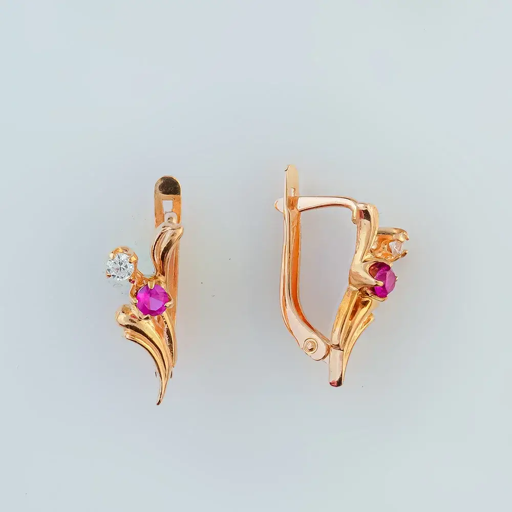 Серьги с фианитом из красного золота 585 пробы