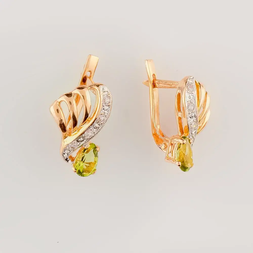 Серьги с хризолитом из красного золота 585 пробы