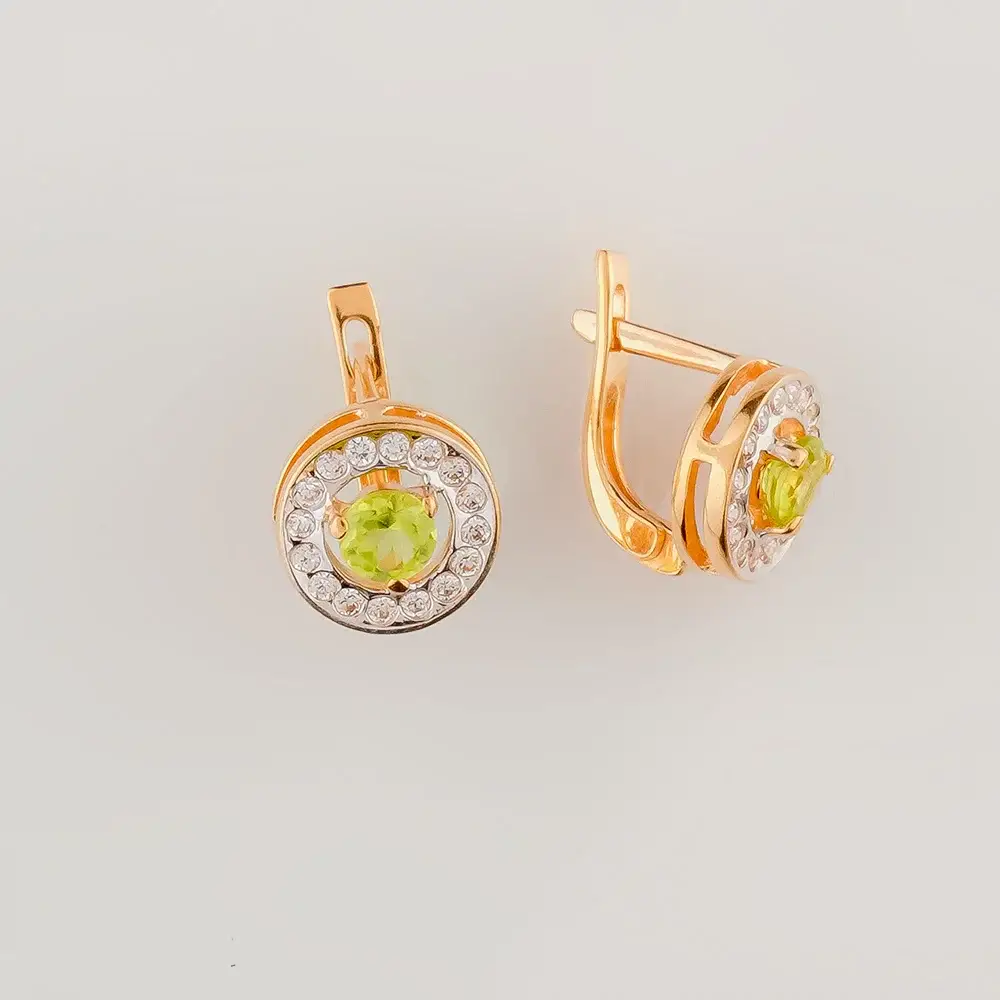 Серьги с хризолитом из красного золота 585 пробы