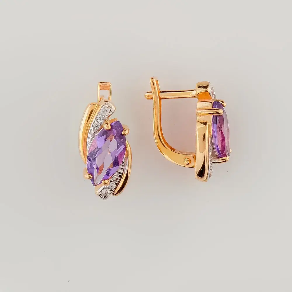 Серьги с аметистом из красного золота 585 пробы