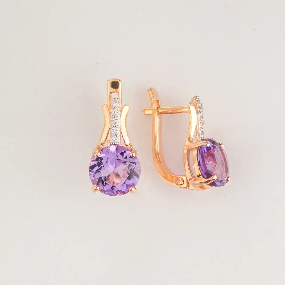 Серьги с аметистом из красного золота 585 пробы