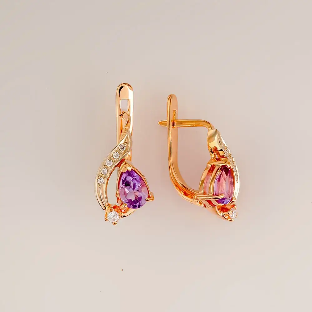 Серьги с аметистом из красного золота 585 пробы