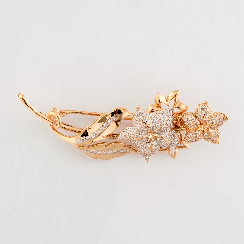 Брошь с фианитом из красного золота 585 пробы