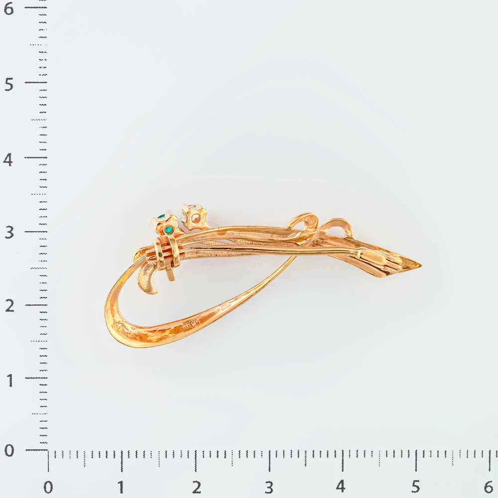 Брошь с изумрудом синтетическим из красного золота 585 пробы