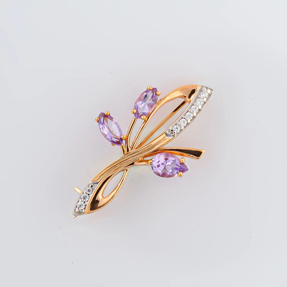 Брошь с аметистом из красного золота 585 пробы