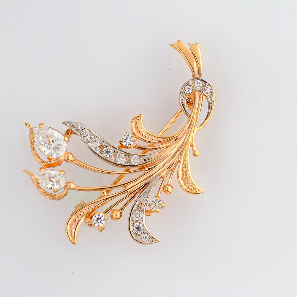 Брошь с фианитом из красного золота 585 пробы