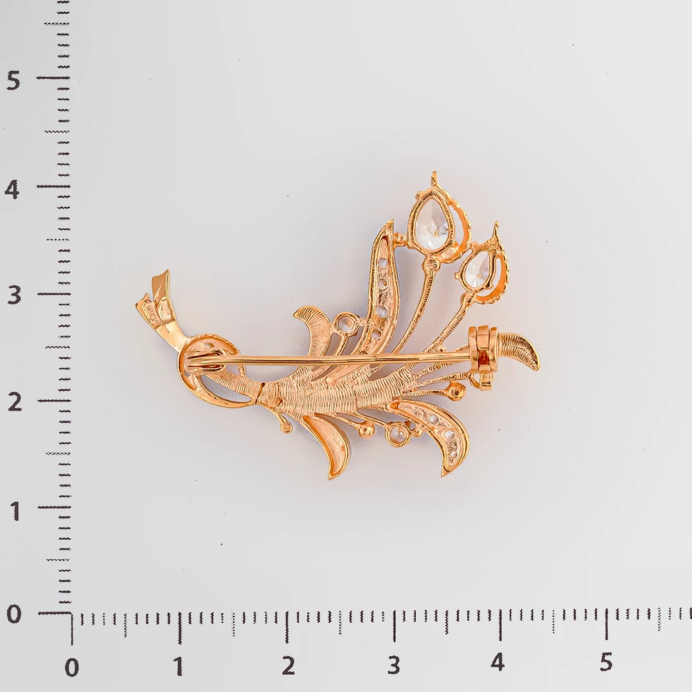 Брошь с фианитом из красного золота 585 пробы