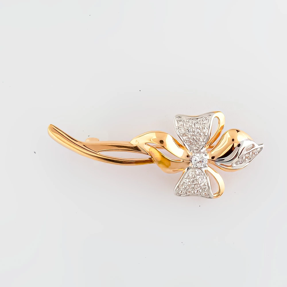 Брошь с фианитом из красного золота 585 пробы