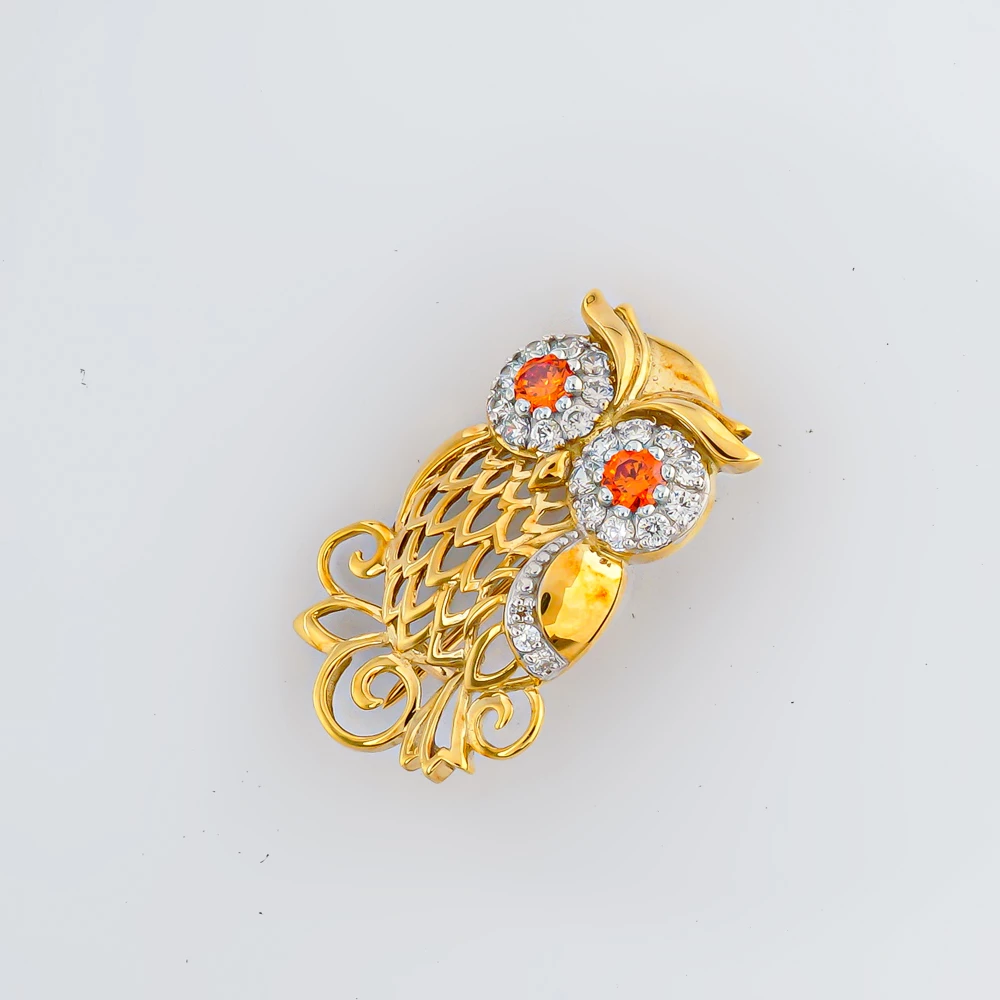 Брошь с фианитом из красного золота 585 пробы