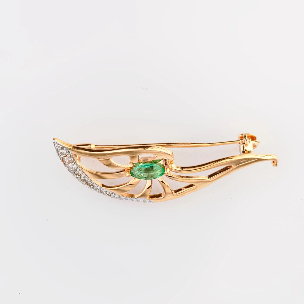 Брошь с изумрудом из красного золота 585 пробы