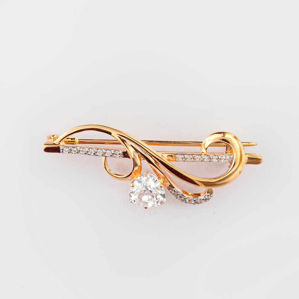 Брошь с фианитом из красного золота 585 пробы