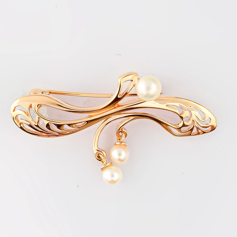 Брошь с культивированным жемчугом из красного золота 585 пробы