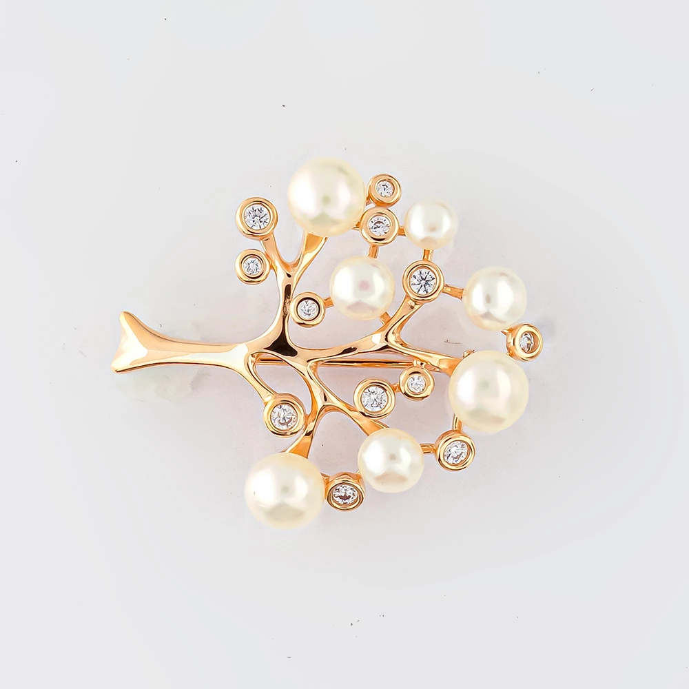 Брошь с культивированным жемчугом из красного золота 585 пробы