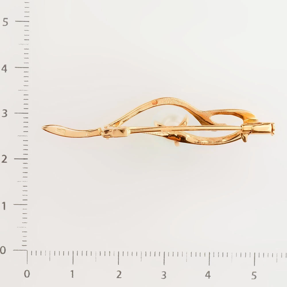 Брошь с культивированным жемчугом из красного золота 585 пробы